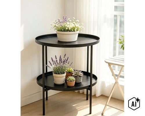 Masuta de cafea rotunda din metal cu doua rafturi decorata cu plante in ghiveci intr un spatiu de locuit luminos. (Image AI modified or generated)