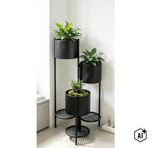Suport robust pentru flori din metal, cu trei niveluri și ghivece integrate, pentru decorarea organizată cu plante de interior. (Image AI modified or generated)