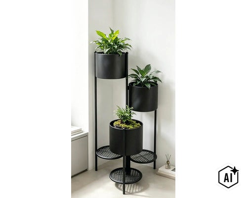 Suport robust pentru flori din metal, cu trei niveluri și ghivece integrate, pentru decorarea organizată cu plante de interior. (Image AI modified or generated)