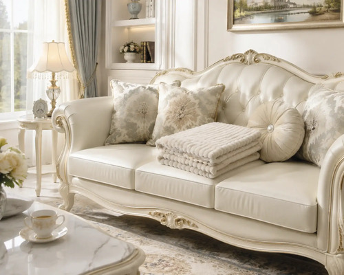Canapea clasică în stil baroc cu cadru din lemn curbat și tapițerie capitonată într-un living elegant, decorată cu perne.