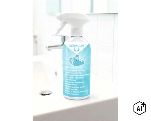 Detergent anticalcar Rakkuun pentru instalații sanitare în flacon cu pulverizator pentru suprafețe de baie. (Image AI modified or generated)