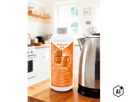 Detartrant Rakkuun cu acid citric pentru cafetiere și fierbătoare de apă, într-un flacon pe un blat de bucătărie. (Image AI modified or generated)