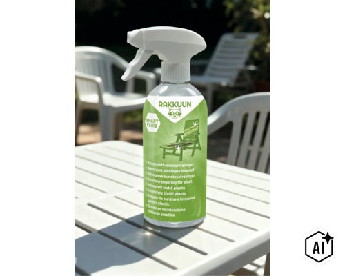 Solutie de curatare intensiva pentru plastic Rakkuun in flacon cu pulverizator pentru mobilier de gradina din plastic. (Image AI modified or generated)