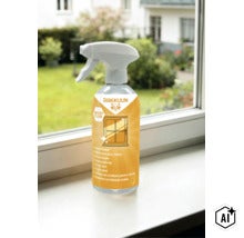 Soluție de curățare pentru sticlă Rakkuun în flacon cu pulverizator pe un pervaz (Image AI modified or generated)