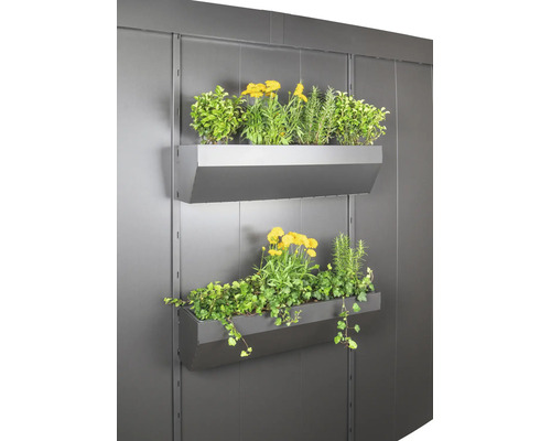 Două jardiniere din metal montate pe perete, plantate cu diverse flori și ierburi pentru grădinărit vertical.