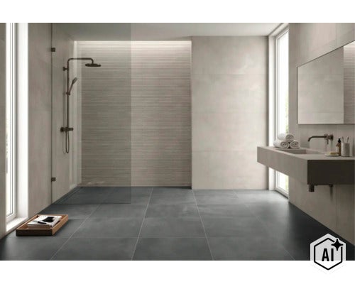 Baie modernă cu plăci ceramice gri mari, duș deschis și lavoar suspendat, design luminos și minimalist. (Image AI modified or generated)