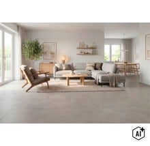 Living luminos și deschis cu gresie de format mare pe podea, combinat cu un design interior modern în nuanțe de lemn deschis. (Image AI modified or generated)