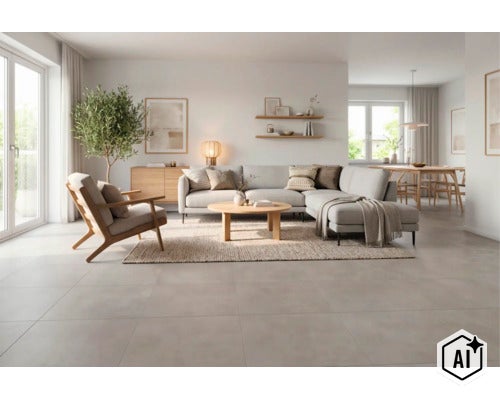 Living luminos și deschis cu gresie de format mare pe podea, combinat cu un design interior modern în nuanțe de lemn deschis. (Image AI modified or generated)