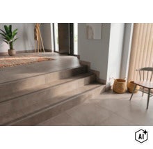 Hol cu trepte placate cu gresie și profiluri de treaptă într-un ambient modern cu elemente decorative. (Image AI modified or generated)
