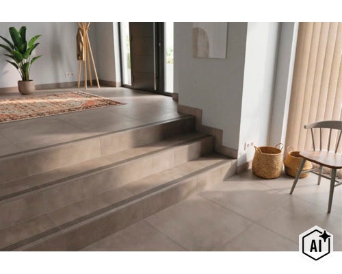 Hol cu trepte placate cu gresie și profiluri de treaptă într-un ambient modern cu elemente decorative. (Image AI modified or generated)