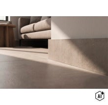 Spațiu de locuit cu gresie și plintă asortată cu aspect de piatră pe perete, stil interior modern cu canapea în fundal (Image AI modified or generated)