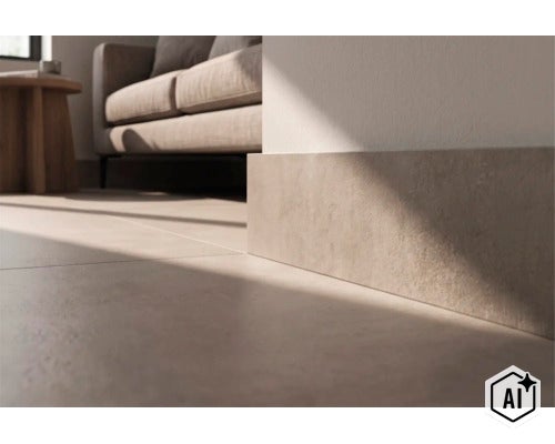 Spațiu de locuit cu gresie și plintă asortată cu aspect de piatră pe perete, stil interior modern cu canapea în fundal (Image AI modified or generated)