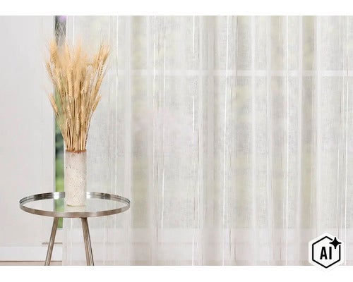 O draperie semitransparentă cu model în dungi verticale în fața unei ferestre cu o masă laterală și o vază cu spice de grâu. (Image AI modified or generated)