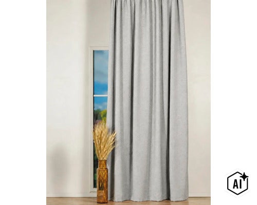 O perdea gri într-un interior modern, cu o fereastră și o vază cu grâu. (Image AI modified or generated)