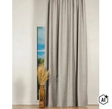 O draperie uni cu textură în fața unei ferestre, cu o vază de sticlă cu spice de grâu pe podea. (Image AI modified or generated)