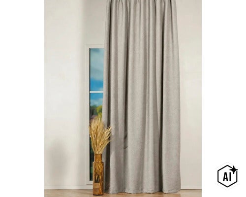 O draperie uni cu textură în fața unei ferestre, cu o vază de sticlă cu spice de grâu pe podea. (Image AI modified or generated)