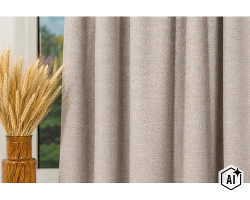 Perdea decorativă din material textil greu în fața unei ferestre, cu o vază cu spice de grâu în prim plan. (Image AI modified or generated)