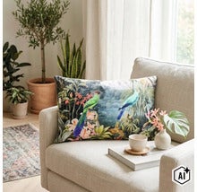 Perna decorativa cu motiv de jungla si pasari asezata pe un fotoliu intr un living luminos cu plante de apartament si decoratiuni. (Image AI modified or generated)