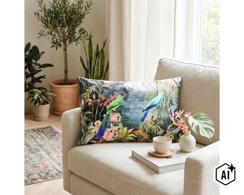 Perna decorativa cu motiv de jungla si pasari asezata pe un fotoliu intr un living luminos cu plante de apartament si decoratiuni. (Image AI modified or generated)