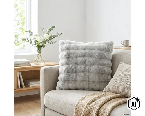 O pernă decorativă moale, matlasată, cu textură de blană artificială, așezată pe o canapea într-un living luminos și modern. (Image AI modified or generated)