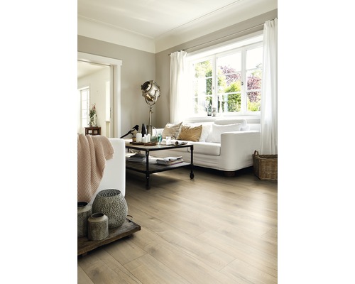 Living luminos cu podea laminată, canapea și fereastră