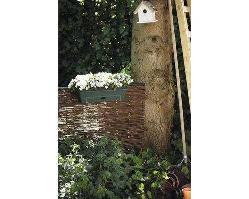 Scenă de grădină cu gard împletit, jardiniere plantată, trunchi de copac și căsuță de păsări
