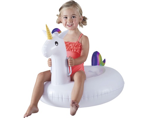 Fată pe colac gonflabil unicorn pentru copii