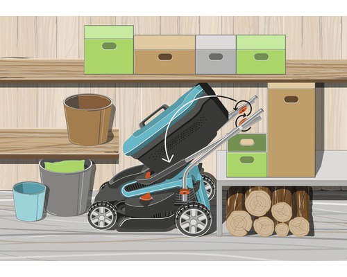 Ilustrație cu o mașină de tuns iarba cu mâner pliabil pentru depozitare compactă