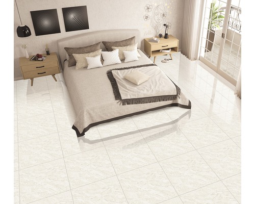 Dormitor cu pat, noptiere și podea cu gresie