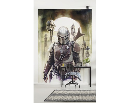 Cameră cu un fototapet cu motiv de războinic, un birou și un scaun.