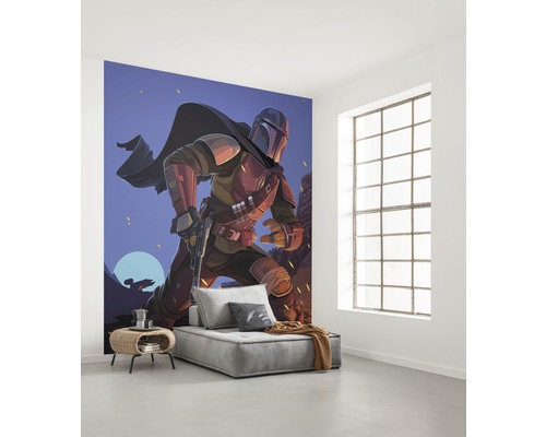 Pictură murală cu motiv Mandalorian într-o cameră mobilată modern