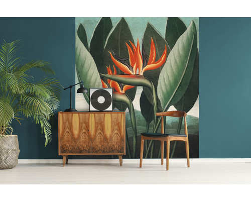 Cameră de zi cu dulap, plantă de interior și tablou de perete cu motiv vegetal