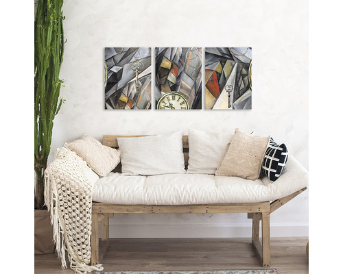 Tablou de perete din trei piese, cu ilustrație abstractă de chei și un ceas deasupra unei canapele