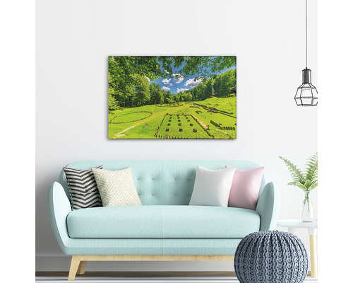 Pânză decorativă cu motivul unui sit arheologic în verdeață deasupra unei canapele