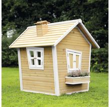 Căsuță de joacă din lemn cu ferestre și jardiniere