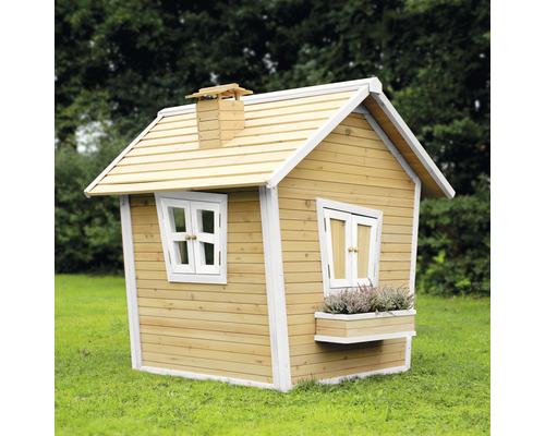 Căsuță de joacă din lemn cu ferestre și jardiniere