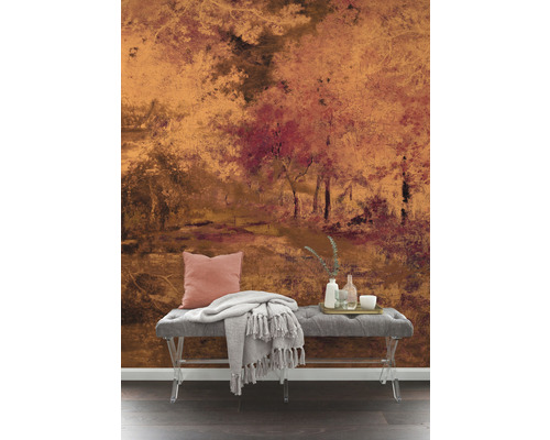 Design interior cu tapet cu pădure, bancă, pernă și pătură