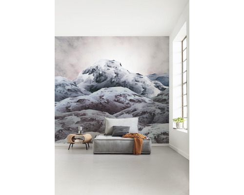 Cameră luminoasă cu fototapet cu un munte înzăpezit