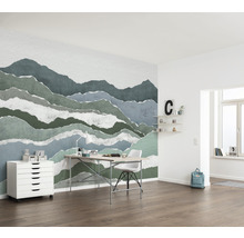 Spațiu de locuit cu un tapet de perete cu un motiv montan, un birou și un container mobil