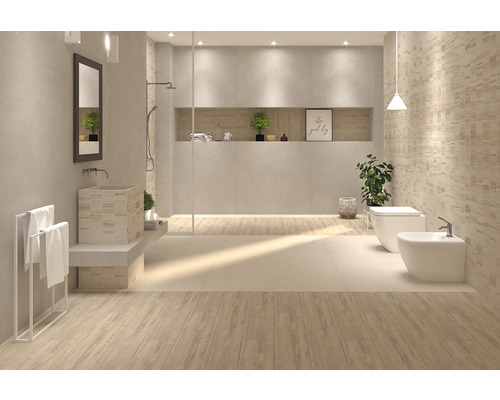 Baie luminoasă cu lavoar, oglindă, duș, toaletă și bideu