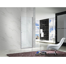 Baie cu ușă de duș din sticlă, perete de marmură și design modern