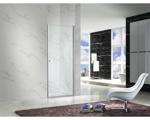 Baie cu ușă de duș din sticlă, perete de marmură și design modern