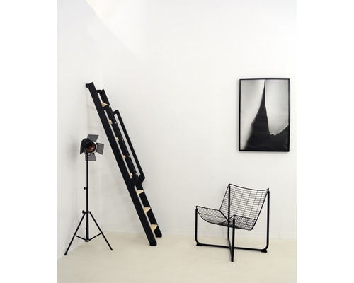 Cameră cu scară neagră, lampă, scaun și imagine înrămată