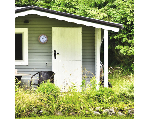 Cabana de grădină cu ceas de perete, ușă și loc de relaxare în aer liber