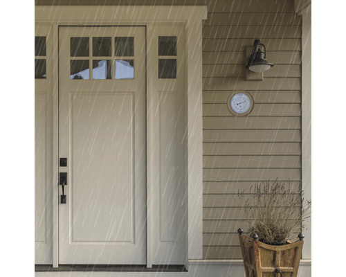 Zona de intrare cu ușă de intrare, lampă de exterior și termometru în ploaie.