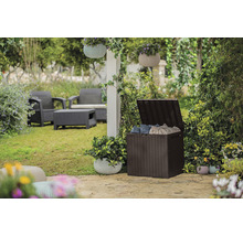 Scenă de grădină cu o cutie de depozitare din plastic deschisă și mobilier de grădină