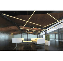 Zonă de recepție modernă cu corpuri de iluminat suspendate, locuri de ședere și plante de interior