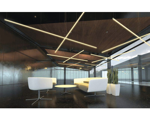 Zonă de recepție modernă cu corpuri de iluminat suspendate, locuri de ședere și plante de interior