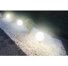 Corpuri de iluminat sferice de grădină iluminate de-a lungul unei poteci de pietriș