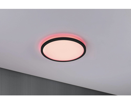 Plafonieră rotundă cu ramă neagră și iluminare de fundal colorată